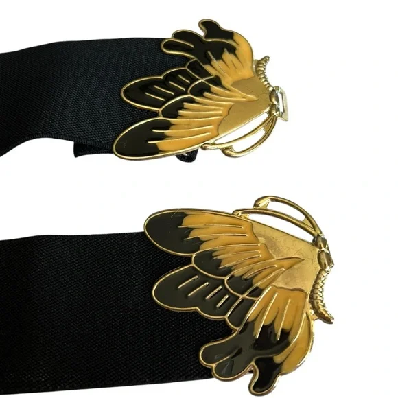 Vintage Black Gold Butterfly Wide Stretch Statement Belt Retro - Picture 3 of 6